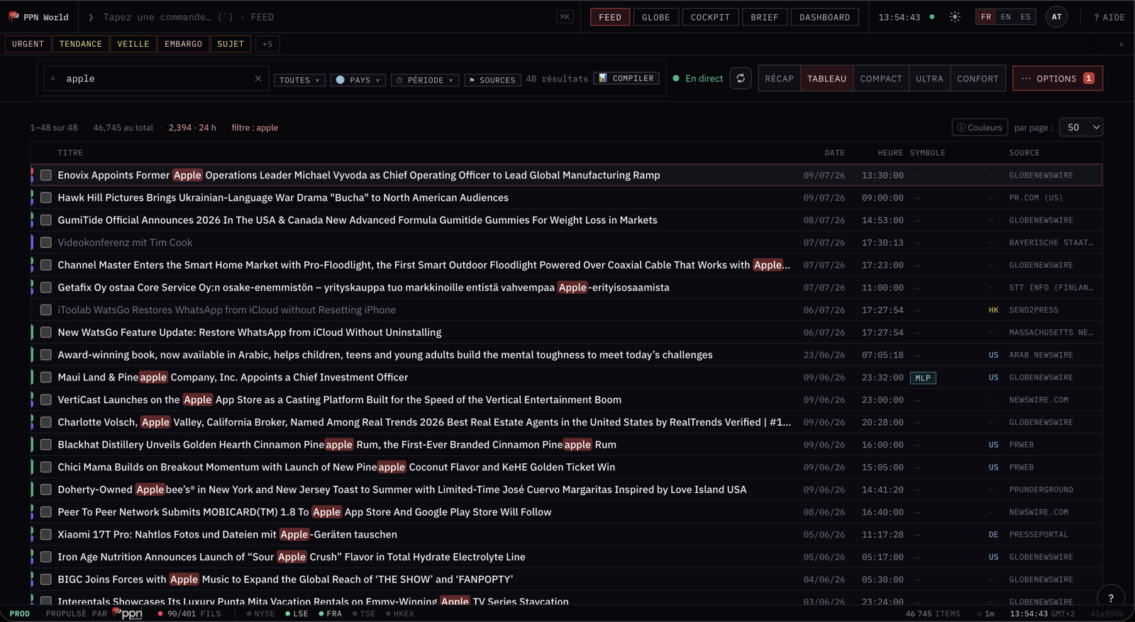Live feed filtered by searching APPLE — every matching press release across all wire services in one view